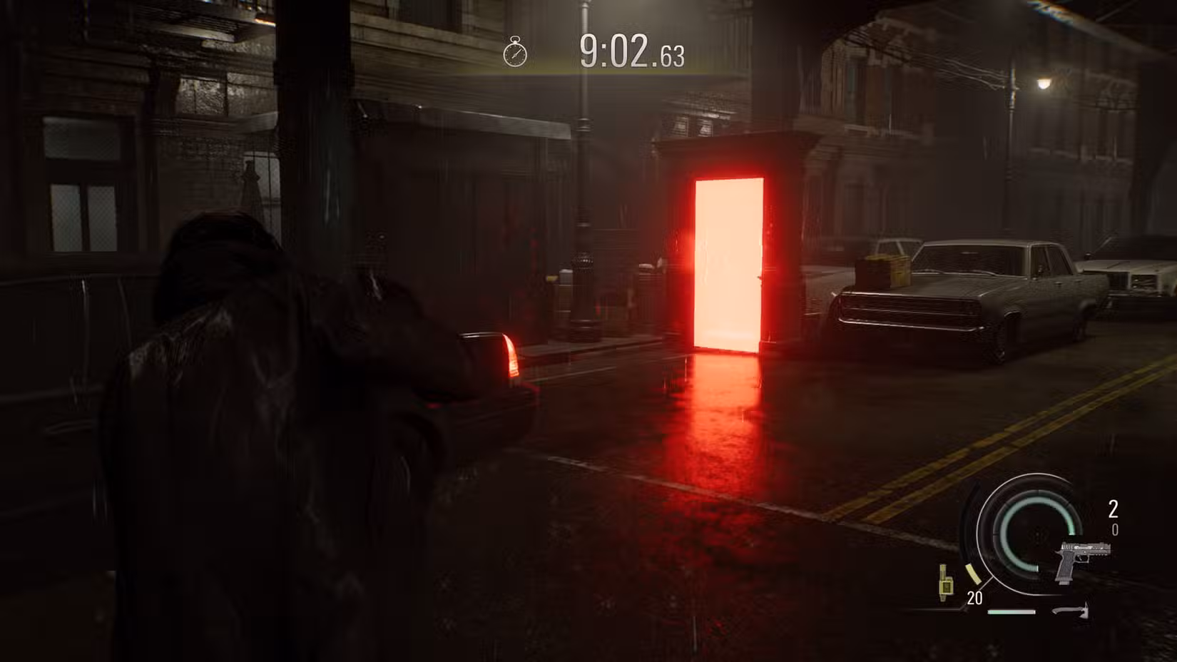 Um Réquiem de Resident Evil"Leon deve morrer para sempre" Captura de tela do DLC mostrando o nível da rua principal e uma porta vermelha