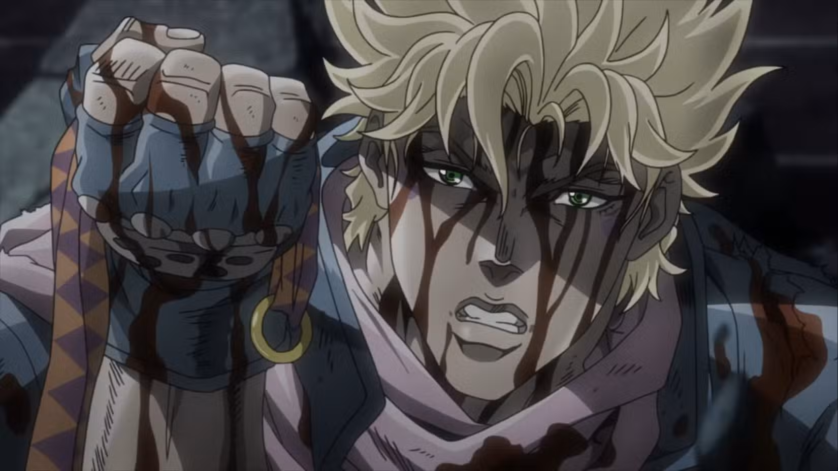 Um César ensanguentado segura o antídoto em Battle Tendency