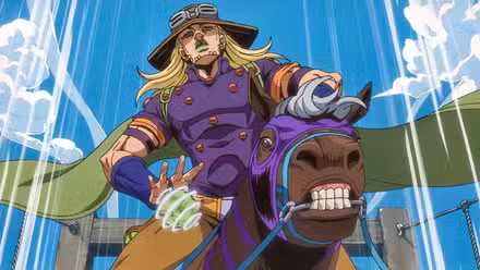 Gyro gira rapidamente suas bolas de aço para ganhar impulso durante a corrida em Steel Ball Run