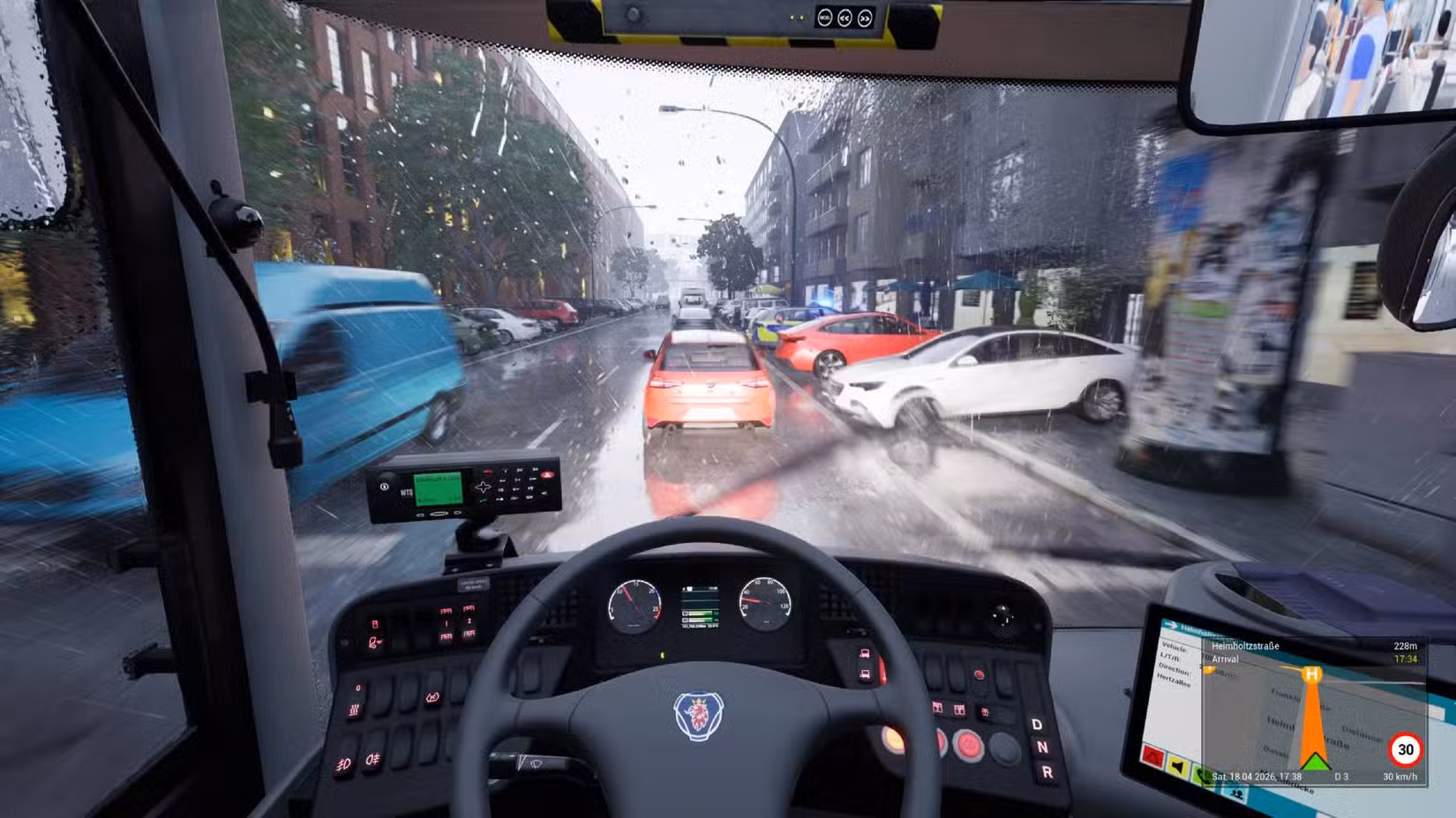 O jogador ao volante de um ônibus no The Bus à noite e na chuva.