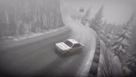 Um carro de rally retrô passa por uma curva nevada em Super Woden: Rally Edge