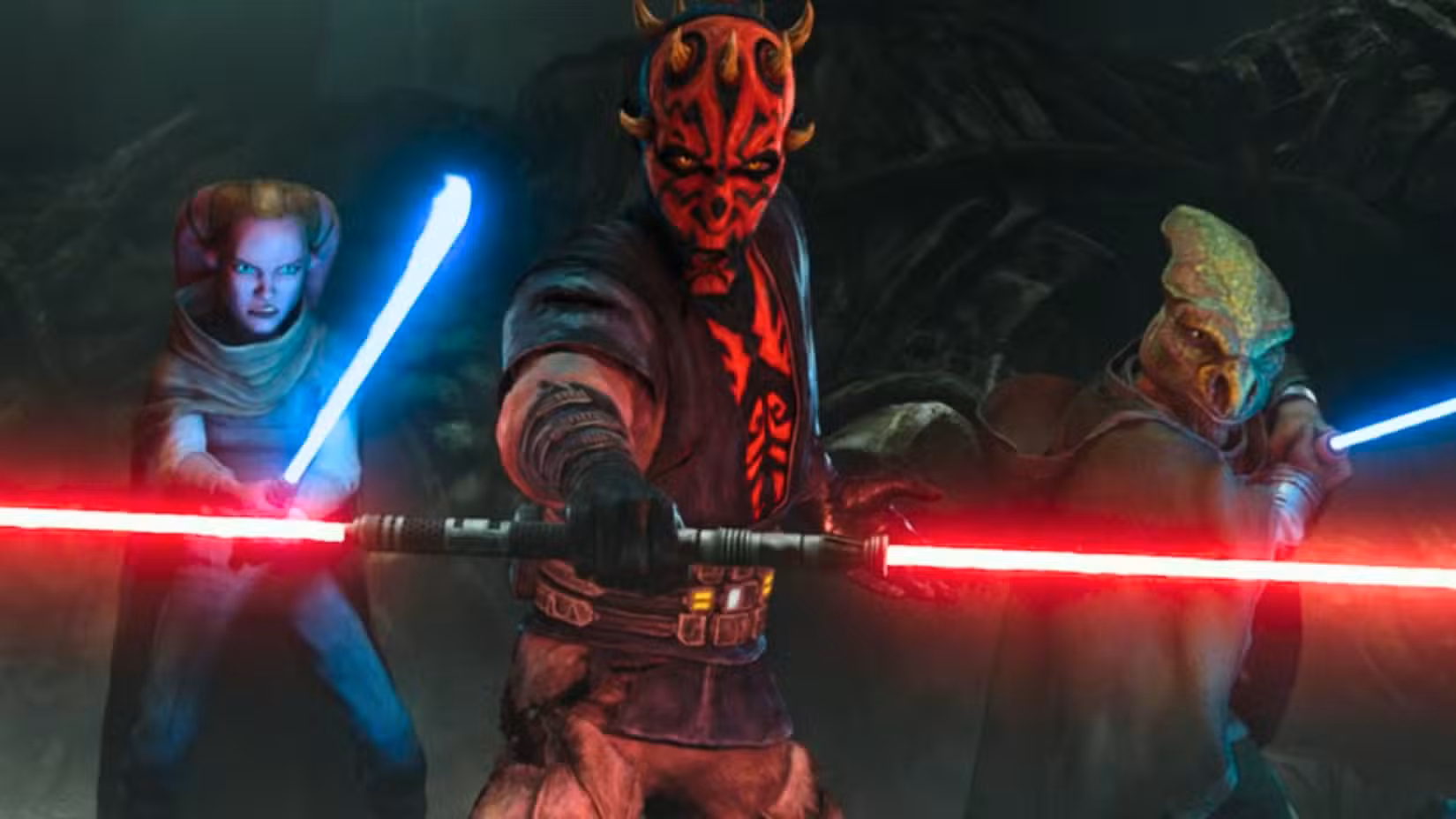 Uma imagem de Maul – Shadow Lord. Mostra Devon, um Twi'lek rosa, empunhando um sabre de luz azul. Ao lado dela está Maul, empunhando um sabre de luz vermelho duplo, e ao lado dele está Daki, um Jedi parecido com um dinossauro empunhando um sabre de luz azul.