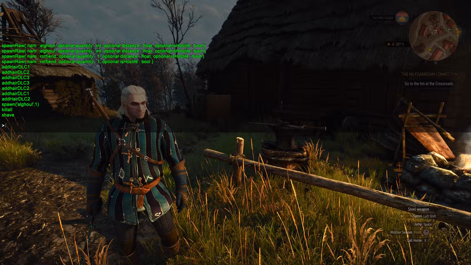 Uma janela de comandos do console em The Witcher 3