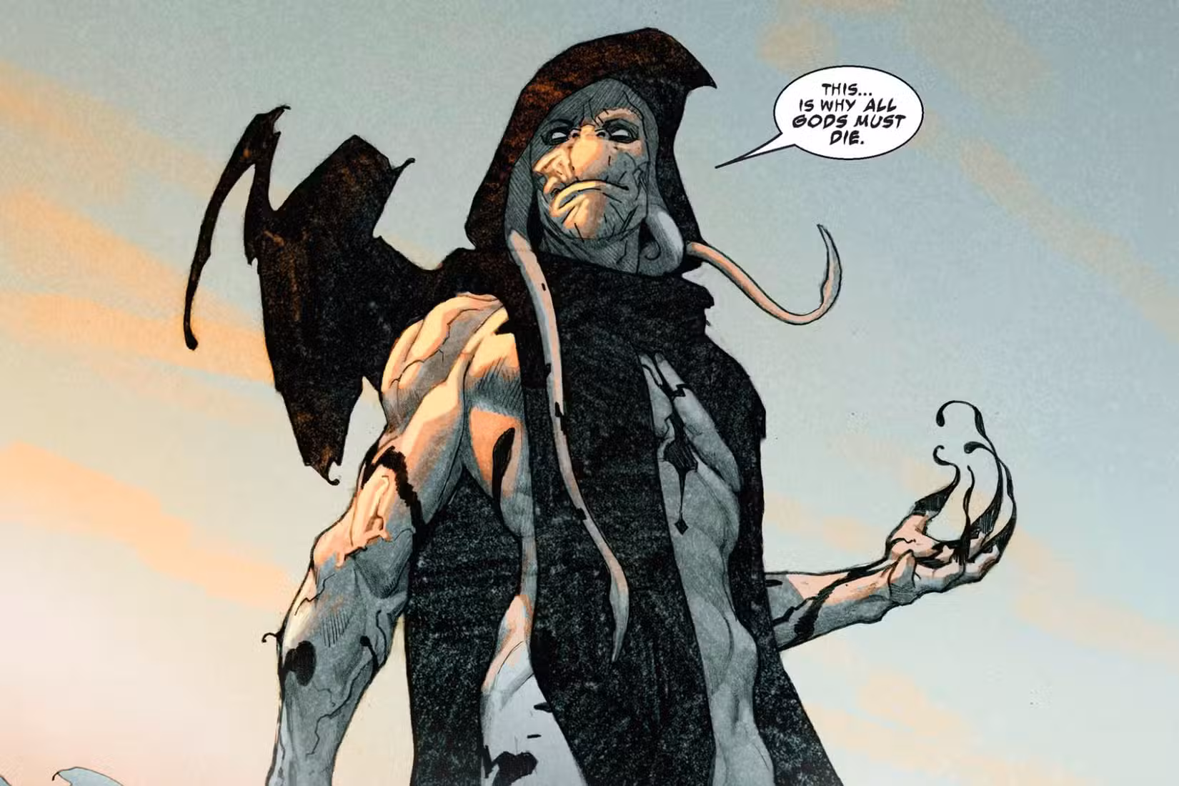 “É por isso... que todos os deuses devem morrer”, entoa Gorr, o Açougueiro de Deuses, um alienígena de pele amarelada com tentáculos saindo de sua cabeça e uma capa escura e amorfa em King Thor #1 (2019).