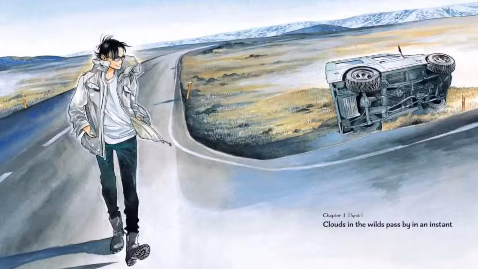 Primeiro painel de Go with the Clouds, North-by-Northwest apresentando seu protagonista Kei em uma estrada, olhando para um Suzuki Jimny capotado no acostamento