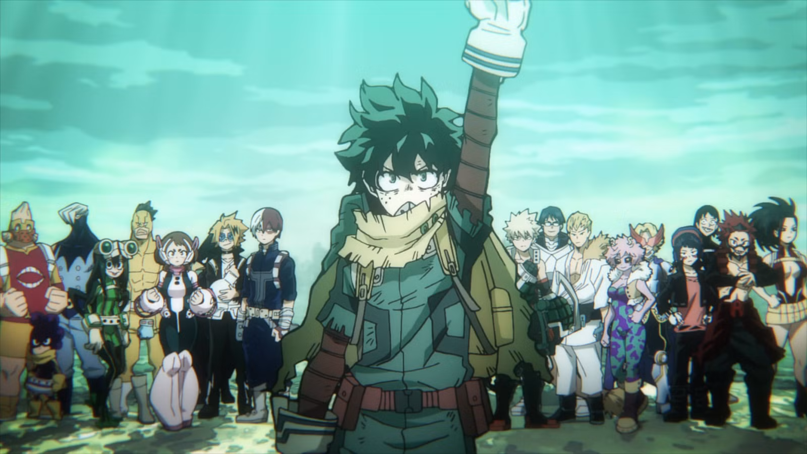 Izuku “Deku” Midoriya em pé com o punho erguido na frente de seus colegas da UA High School sob um céu claro nos créditos de abertura da 6ª temporada de My Hero Academia.