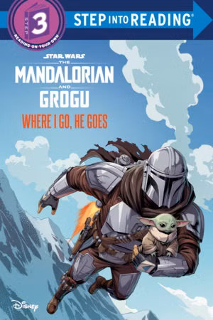Uma capa de livro retratando o Mandaloriano e Grogu voando pelo céu