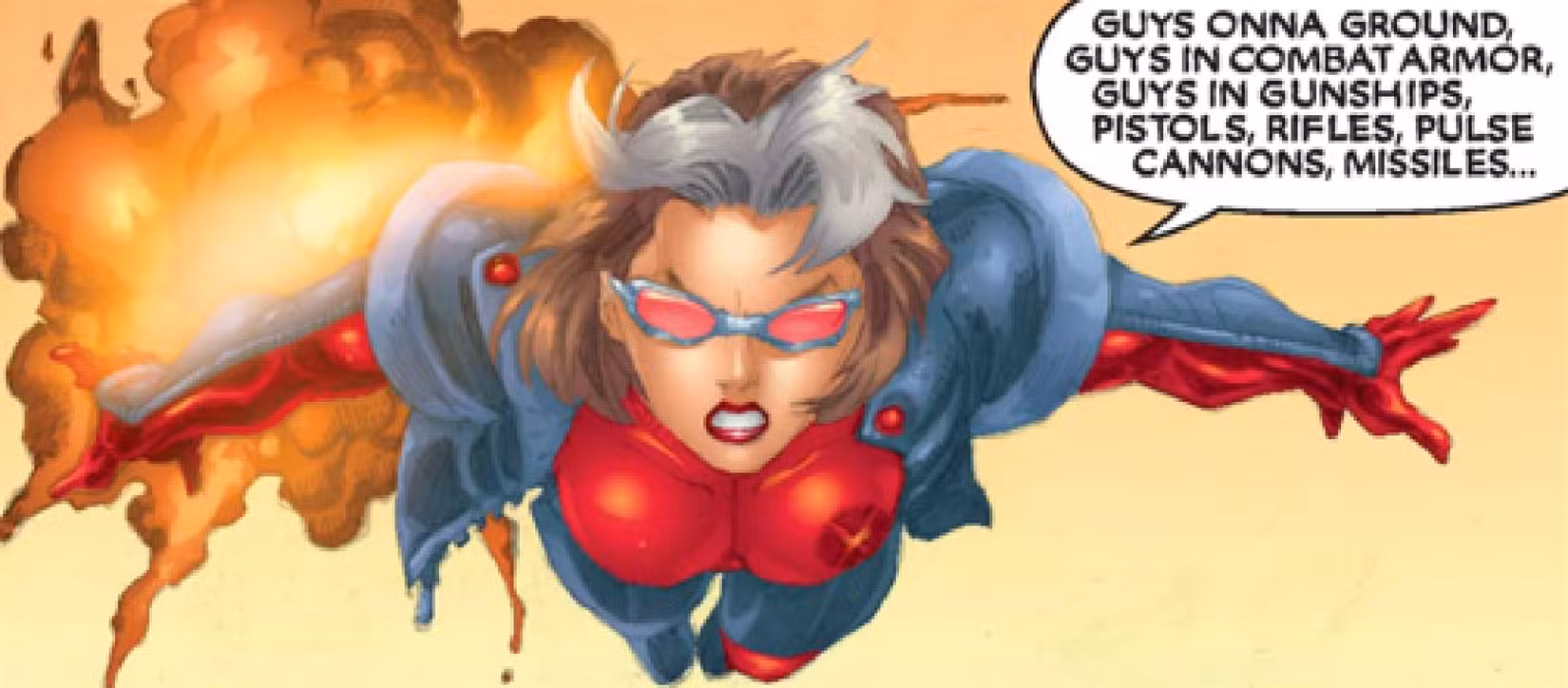 X-Treme X-Men 1 - Rogue voa pelo ar, listando as armas de destruição que seus inimigos possuem