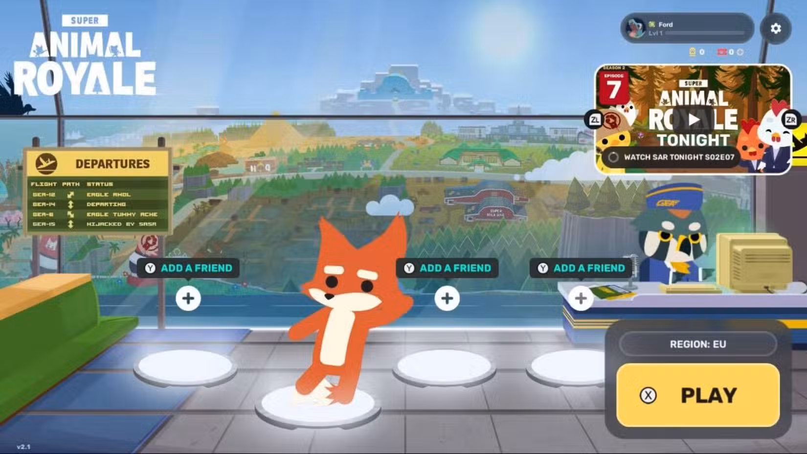 O menu principal do Super Animal Royale.
