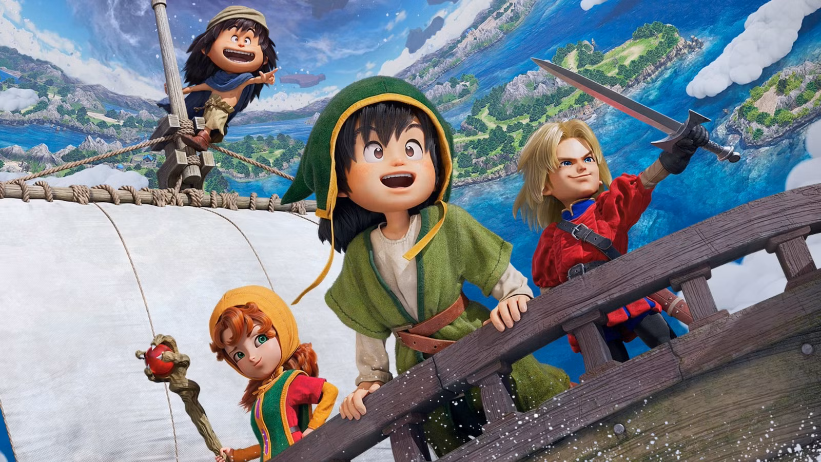Arte reimaginada de Dragon Quest 7, apresentando Ruff, Maribel, o Herói e Kiefer a bordo de seu navio