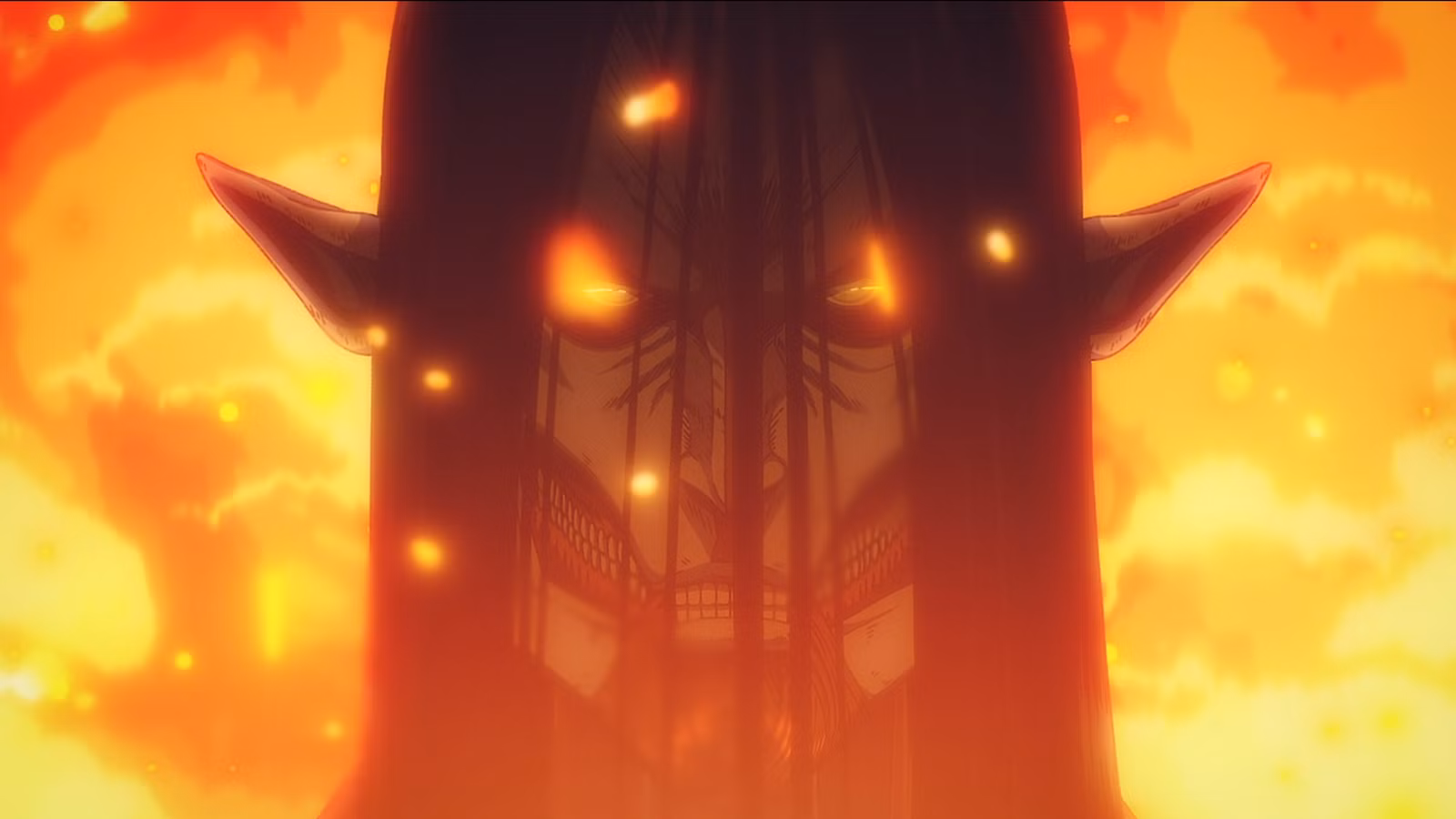 Uma foto de um Eren Titan passando pelo fogo em Attack on Titan
