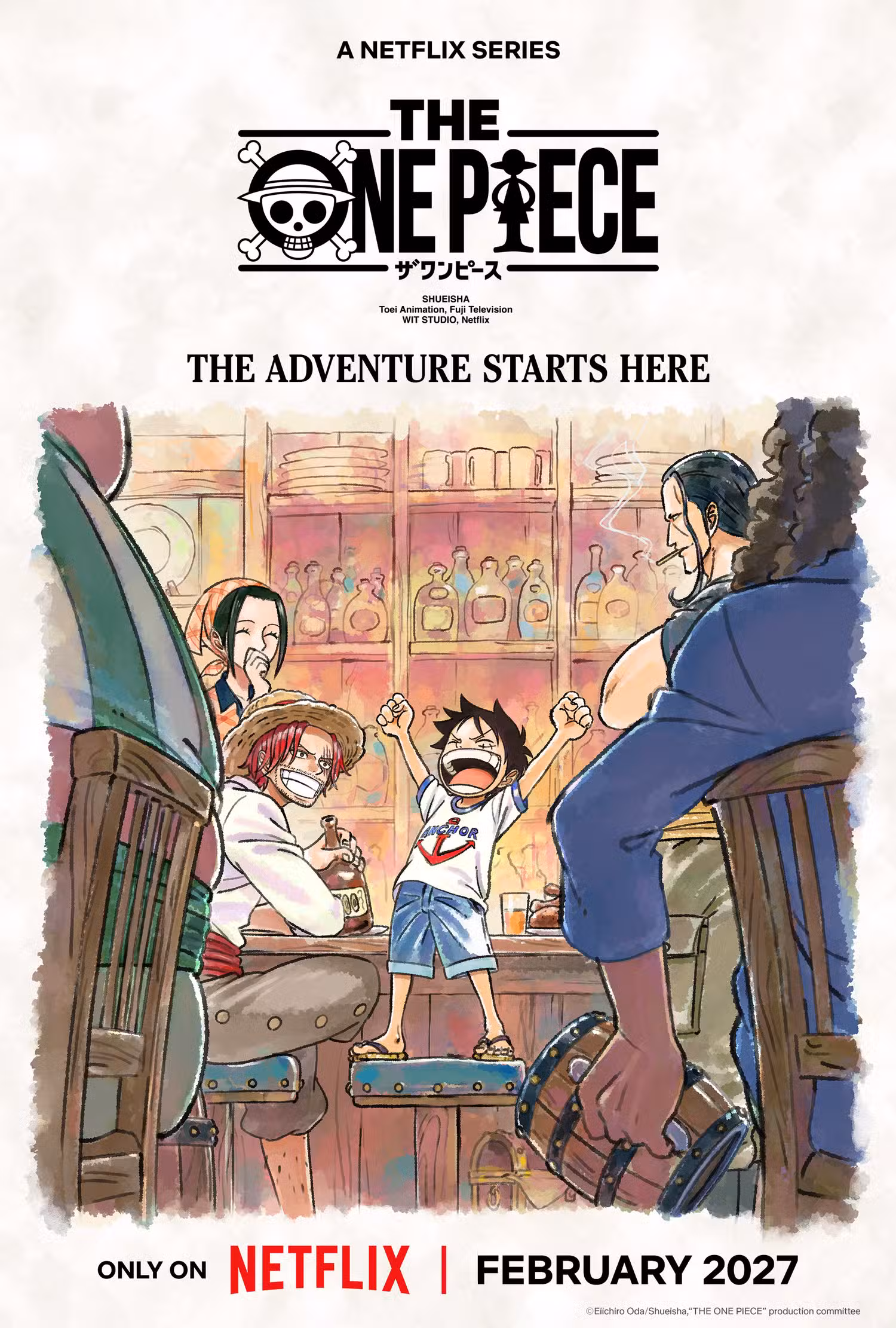 Pôster de imagem promocional em inglês do One Piece Netflix com estúdio em inglês