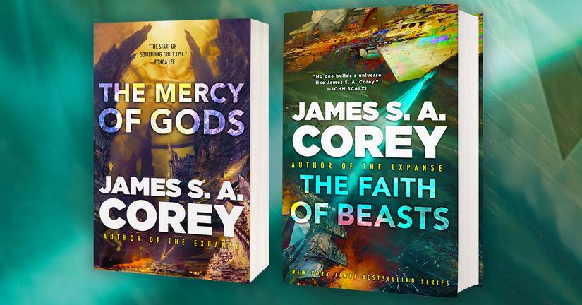 Um gráfico com as capas dos livros de James SA Corey, The Mercy of Gods e The Faith of Beasts, lado a lado