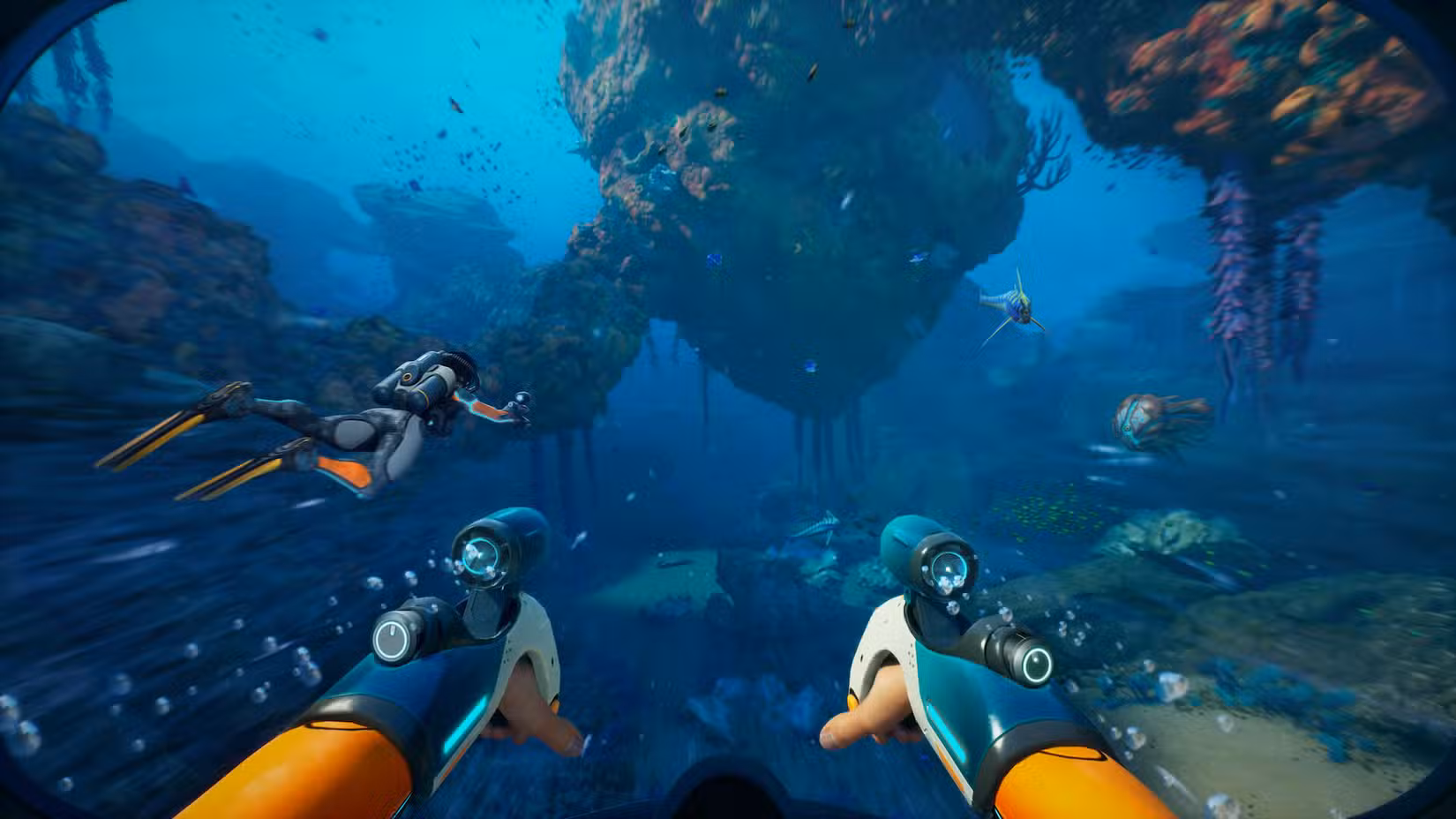 Nadando debaixo d'água em um ponto de vista em primeira pessoa em uma captura de tela de Subnautica 2