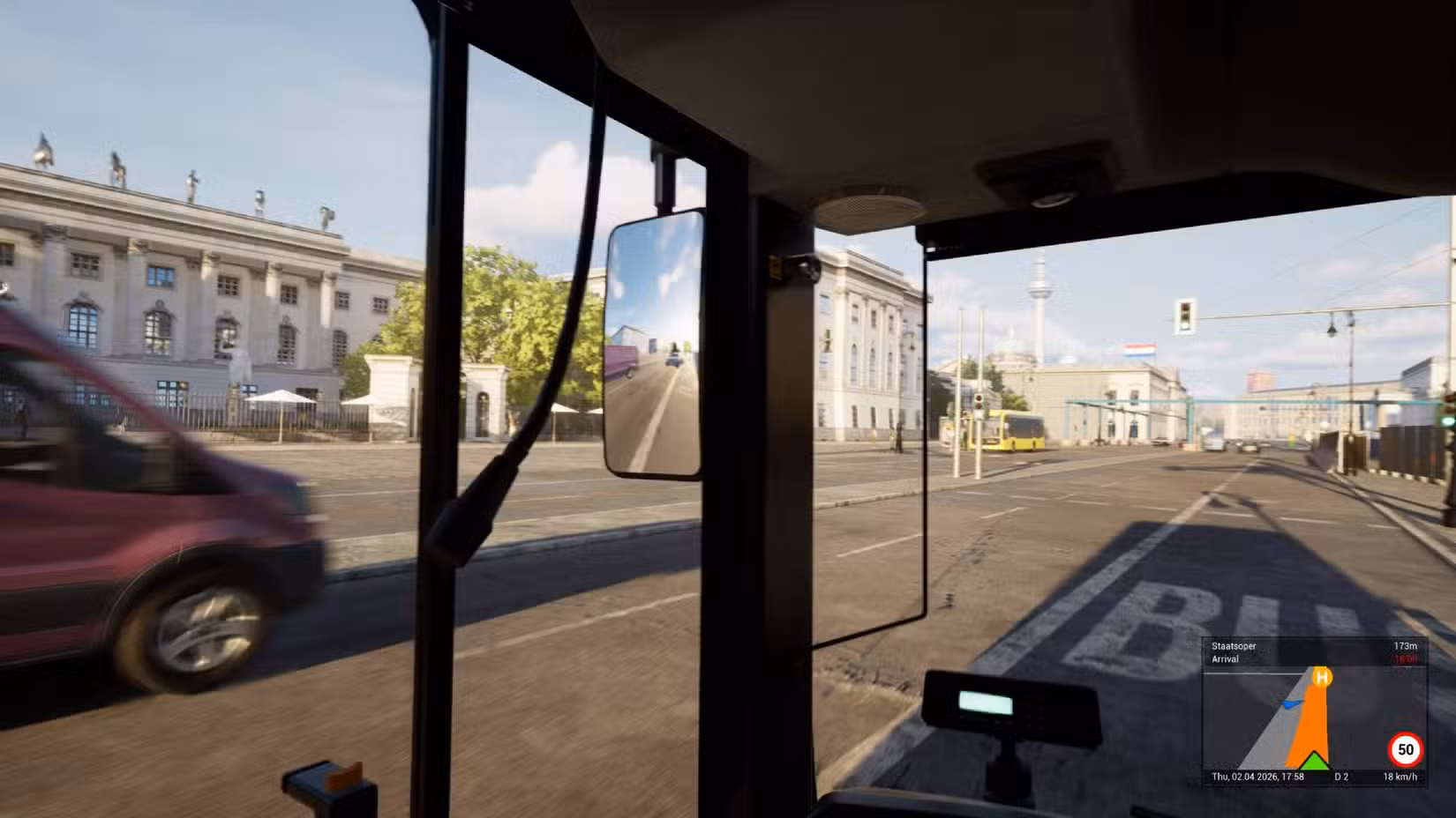 O jogador ao volante de um ônibus no The Bus durante o dia.