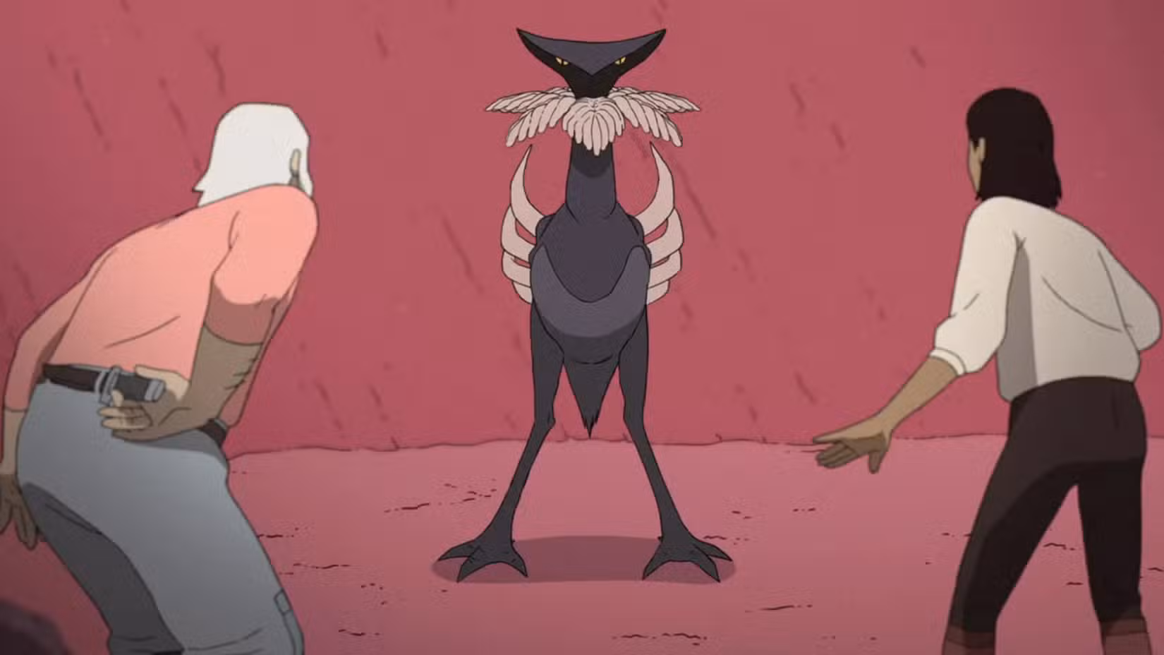 Imagem de Scavengers Reign das criaturas com bico na frente de Sam e Ursula 