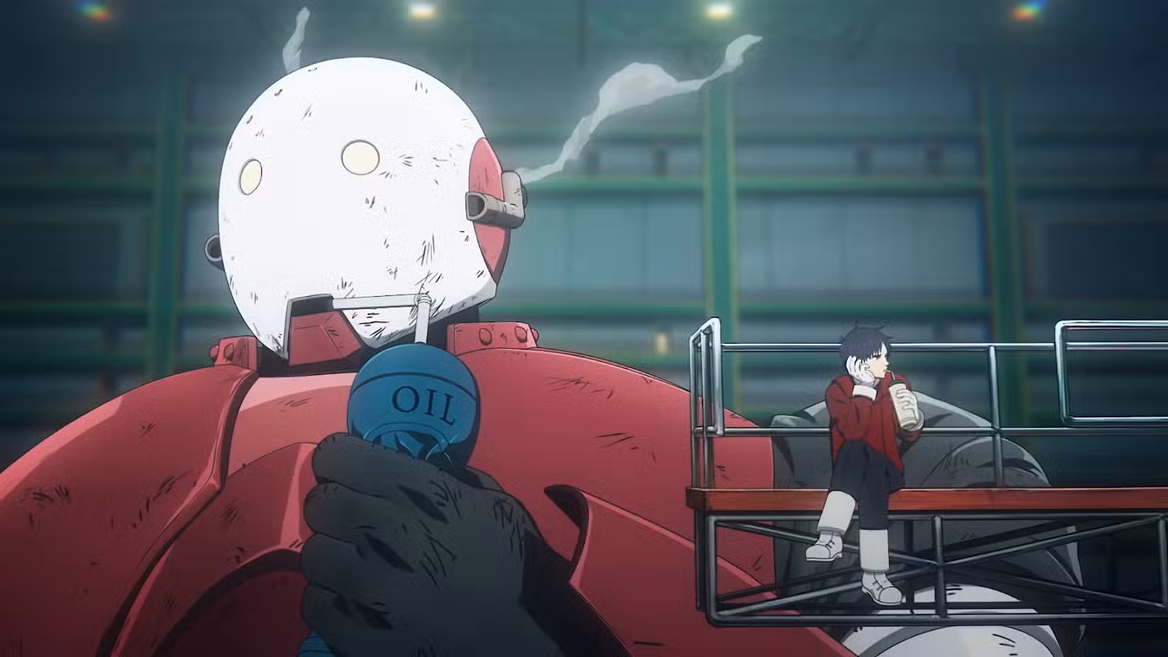 Um jovem Tetsuo bebe sua bebida enquanto o robô Yukio bebe óleo em Snowball Earth
