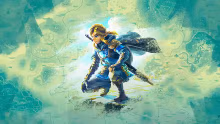 Link se agacha enquanto veste uma túnica azul na arte principal de Zelda Tears of the Kingdom.