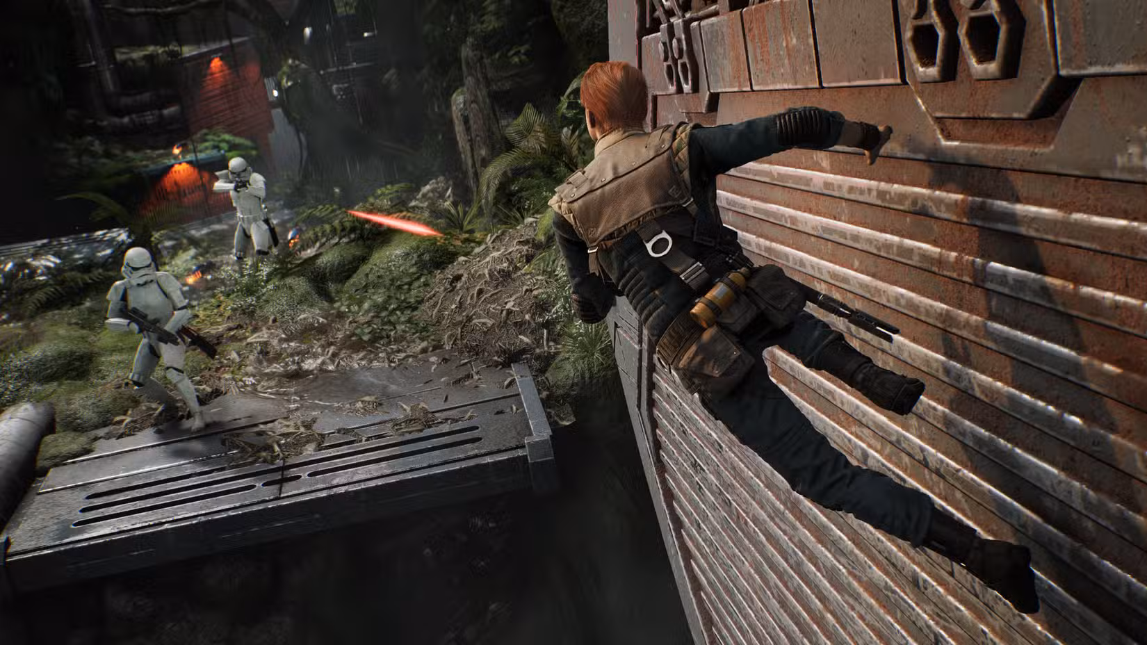 Cal Kestis corre ao longo de uma parede em Star Wars Jedi Fallen Order