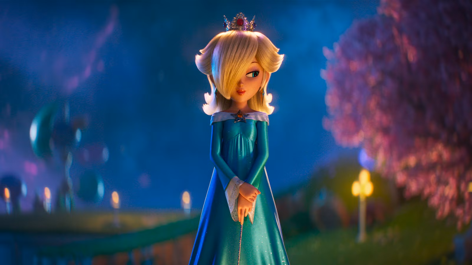 Rosalina fica com as mãos cruzadas, lá fora, no escuro, no filme Super Mario Galaxy.