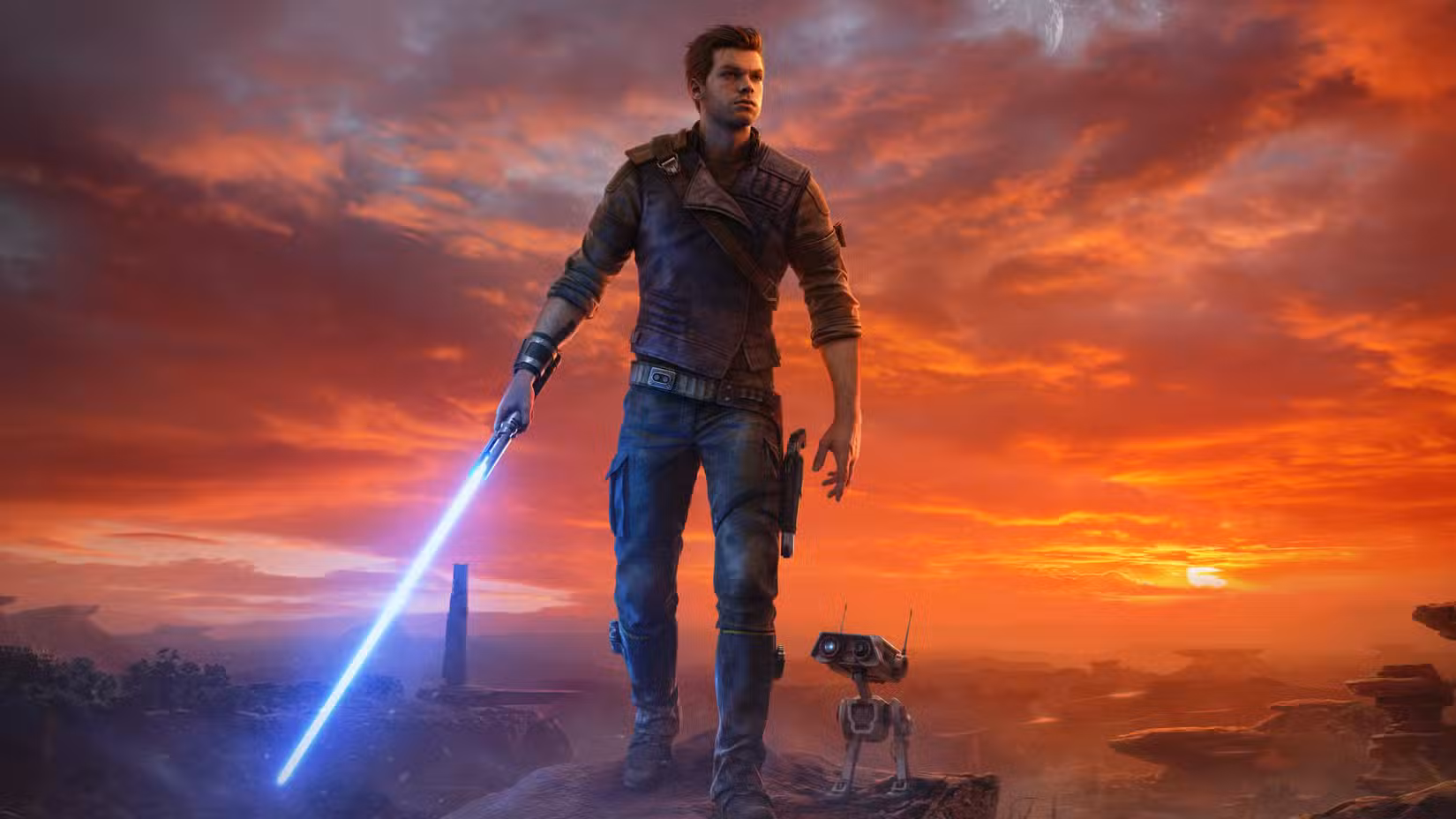 Cal Kestis está com seu sabre de luz na mão direita, BD-1 à esquerda, em frente a um pôr do sol na arte de Star Wars Jedi: Survivor