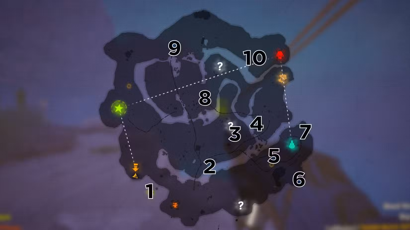 O mapa do Canyon em Far Far West marcado com todos os 10 túmulos.