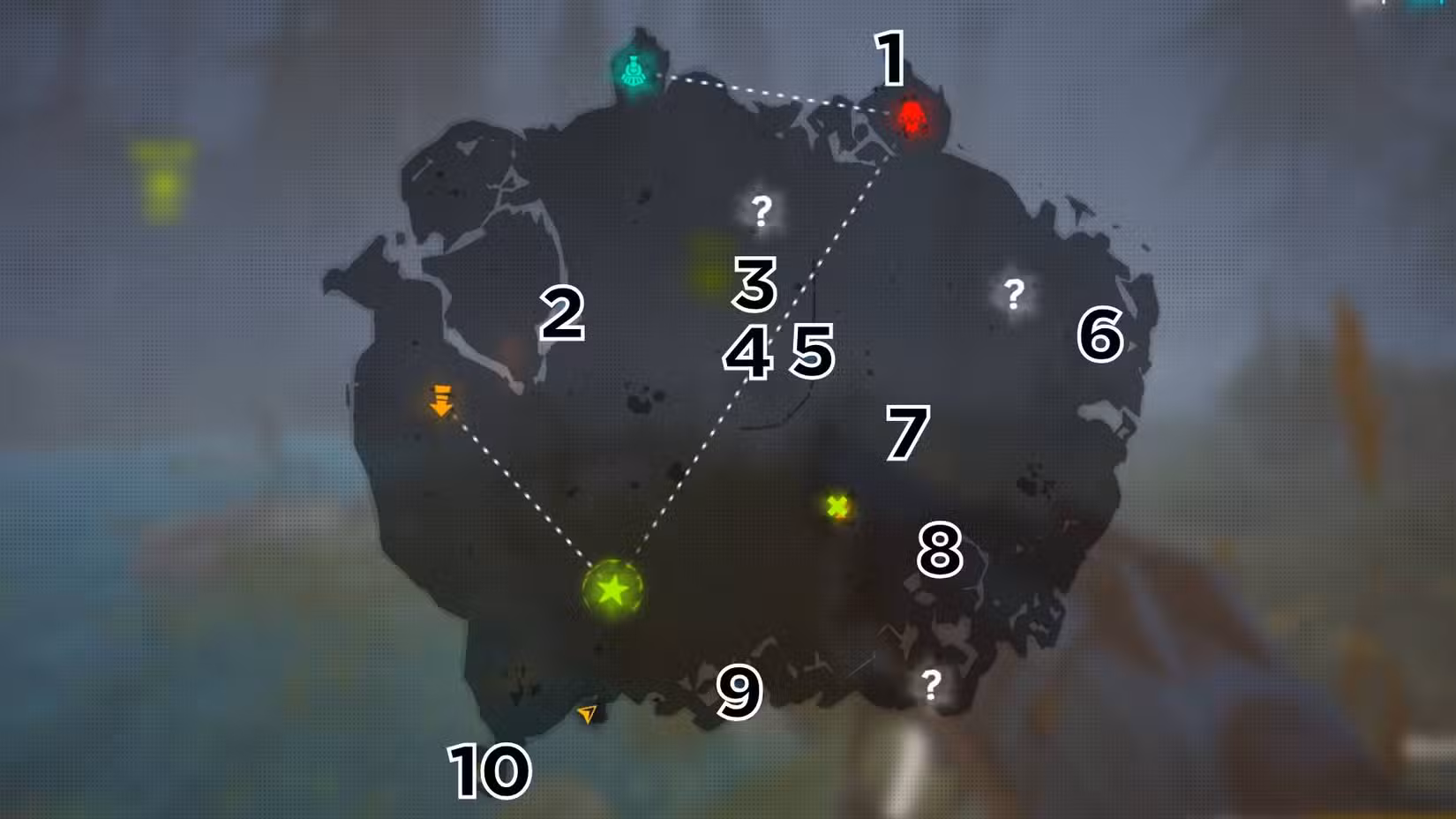 O mapa Woodlands em Far Far West marcado com números para todos os 10 túmulos na ordem recomendada.