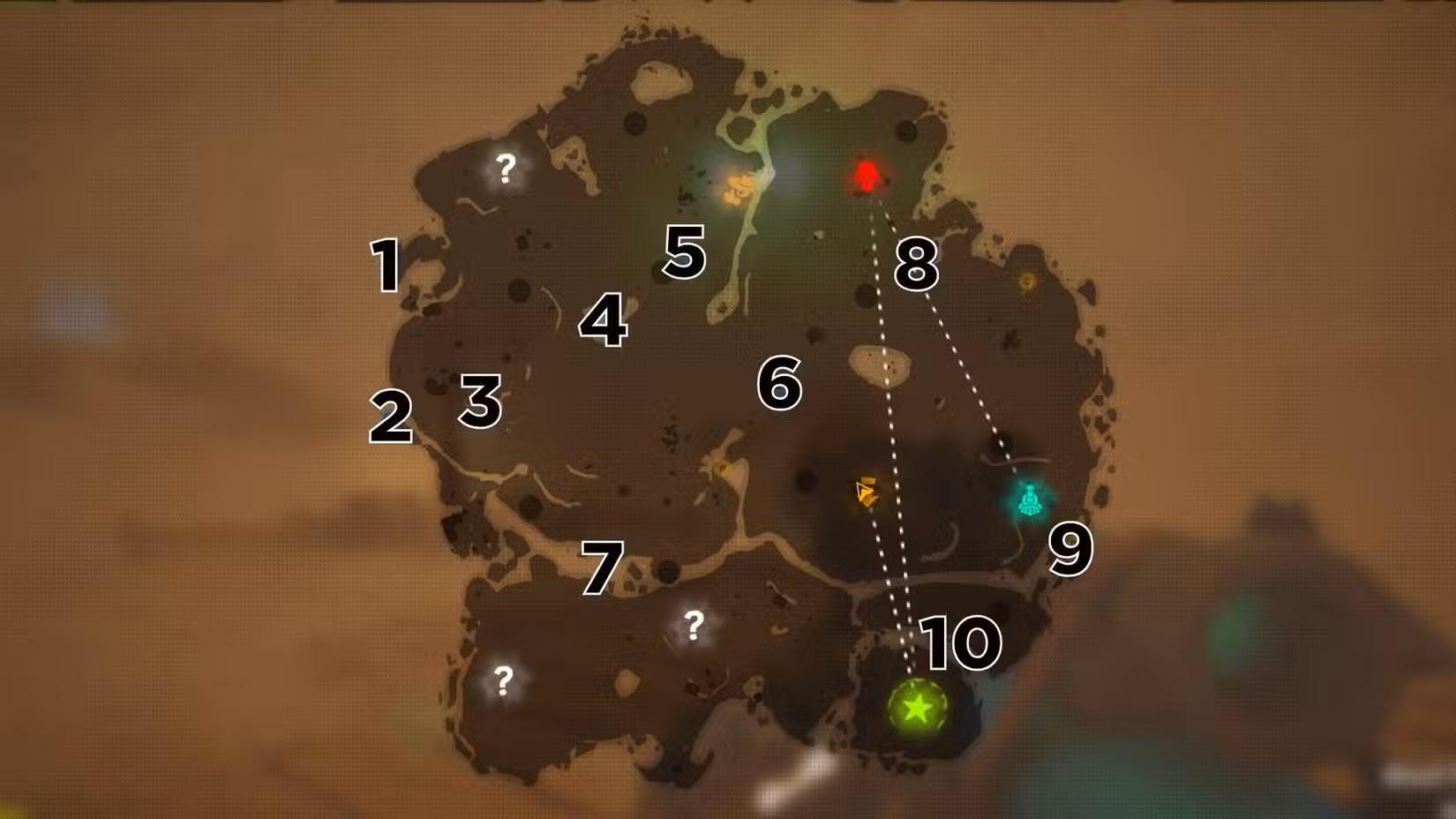 O mapa do deserto em Far Far West com dez números sobrepostos mostrando a localização de todos os túmulos.