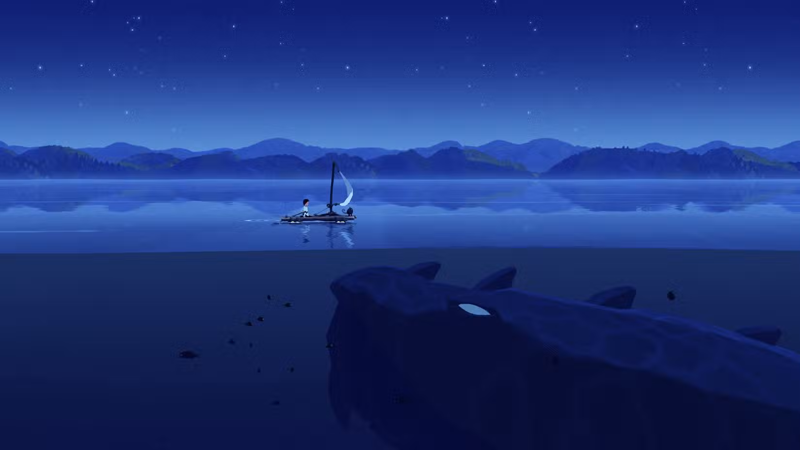 Captura de tela do Planeta de Lana mostrando Lana e seu companheiro alienígena Mui navegando enquanto uma criatura marinha gigante se esconde abaixo da superfície da água